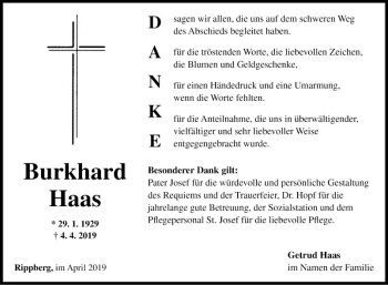 Traueranzeige von Burkhard Haas von Fränkische Nachrichten