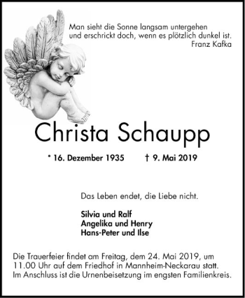 Traueranzeige von Christa Schaupp von Mannheimer Morgen