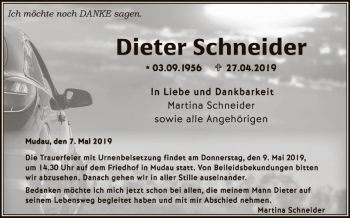 Traueranzeige von Dieter Schneider von Fränkische Nachrichten