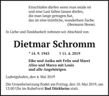 Traueranzeige von Dietmar Schromm von Mannheimer Morgen