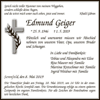 Traueranzeige von Edmund Geiger von Fränkische Nachrichten