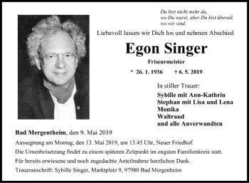 Traueranzeige von Egon Singer von Fränkische Nachrichten