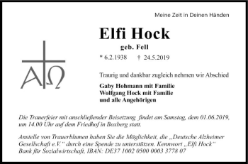 Traueranzeige von Elfi Hock von Fränkische Nachrichten