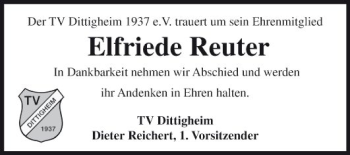 Traueranzeige von Elfriede Reuter von Fränkische Nachrichten