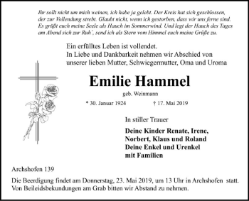 Traueranzeige von Emilie Hammel von Fränkische Nachrichten