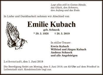 Traueranzeige von Emilie Kubach von Fränkische Nachrichten