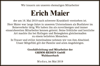 Traueranzeige von Erich Maier von Fränkische Nachrichten