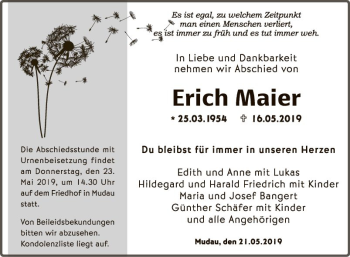 Traueranzeige von Erich Maier von Fränkische Nachrichten