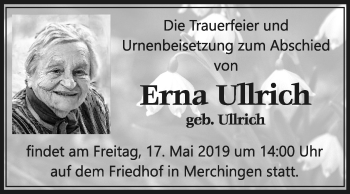 Traueranzeige von Erna Ullrich von Fränkische Nachrichten