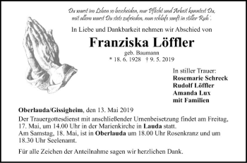 Traueranzeige von Franziska Löffler von Fränkische Nachrichten