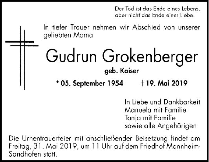  Traueranzeige für Gudrun Grokenberger vom 28.05.2019 aus Mannheimer Morgen