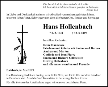 Traueranzeige von Hans Hollenbach von Fränkische Nachrichten