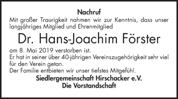 Traueranzeige von Hans-Joachim Förster von Schwetzinger Zeitung