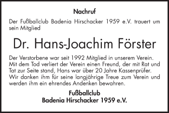Traueranzeige von Hans-Joachim Förster von Schwetzinger Zeitung