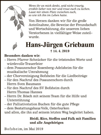 Traueranzeige von Hans-Jürgen Griebaum von Fränkische Nachrichten