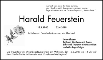 Traueranzeige von Harald Feuerstein von Mannheimer Morgen