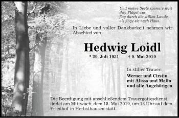 Traueranzeige von Hedwig Loidl von Fränkische Nachrichten