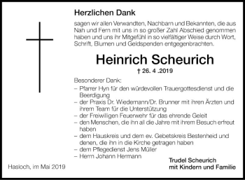 Traueranzeige von Heinrich Scheurich von Fränkische Nachrichten