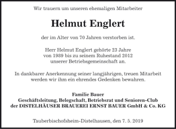 Traueranzeige von Helmut Englert von Fränkische Nachrichten