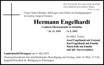 Traueranzeige von Hermann Engelhardt von Fränkische Nachrichten