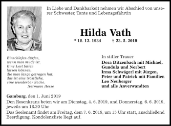 Traueranzeige von Hilda Vath von Fränkische Nachrichten