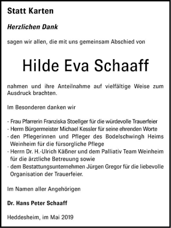 Traueranzeige von Hilde Eva Schaaff von Mannheimer Morgen