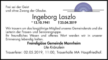 Traueranzeige von Ingeborg Laszlo von Mannheimer Morgen