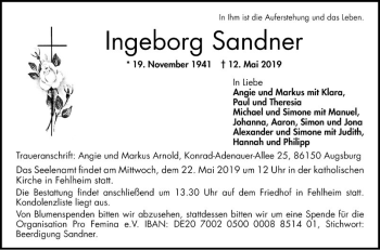 Traueranzeige von Ingeborg Sandner von Bergsträßer Anzeiger