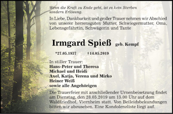 Traueranzeige von Irmgard Spieß von Südhessen Morgen