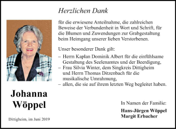 Traueranzeige von Johanna Wöppel von Fränkische Nachrichten