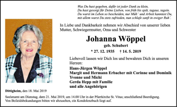 Traueranzeige von Johanna Wöppel von Fränkische Nachrichten