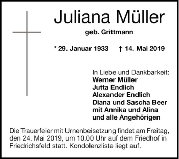 Traueranzeige von Juliana Müller von Mannheimer Morgen