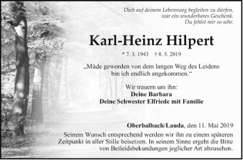 Traueranzeige von Karl-Heinz Hilpert von Fränkische Nachrichten