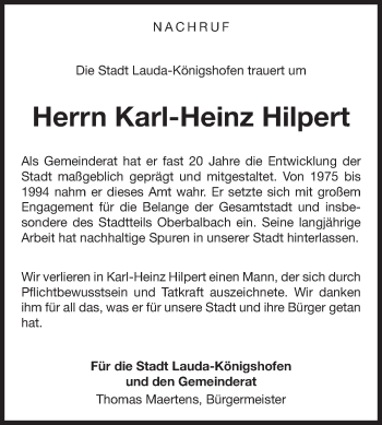 Traueranzeige von Karl-Heinz Hilpert von Fränkische Nachrichten