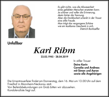 Traueranzeige von Karl Rihm von Mannheimer Morgen