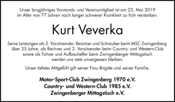 Traueranzeige von Kurt Veverka von Bergsträßer Anzeiger