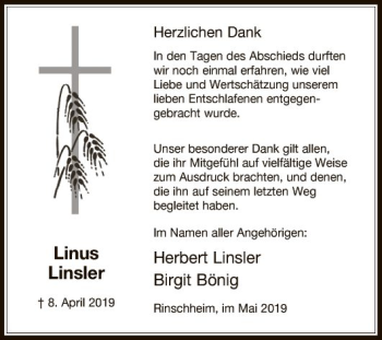 Traueranzeige von Linus Linsler von Fränkische Nachrichten