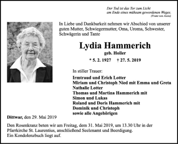 Traueranzeige von Lydia Hammerich von Fränkische Nachrichten