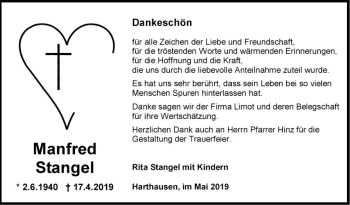 Traueranzeige von Manfred Stangel von Fränkische Nachrichten