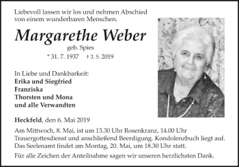 Traueranzeige von Margarethe Weber von Fränkische Nachrichten