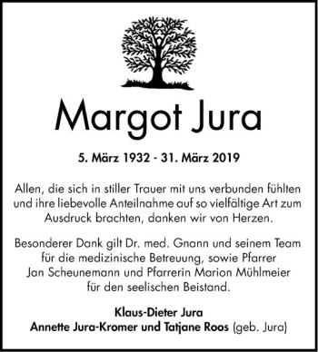 Traueranzeige von Margot Jura von Bergsträßer Anzeiger