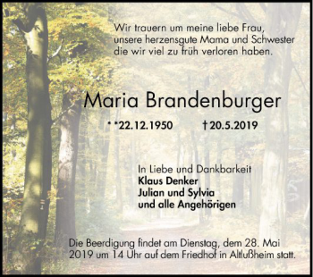 Traueranzeige von Maria Brandenburger von Schwetzinger Zeitung