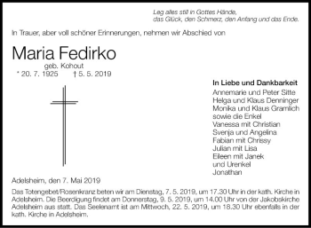 Traueranzeige von Maria Fedirko von Fränkische Nachrichten