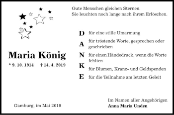 Traueranzeige von Maria König von Fränkische Nachrichten