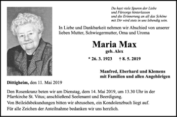 Traueranzeige von Maria Max von Fränkische Nachrichten