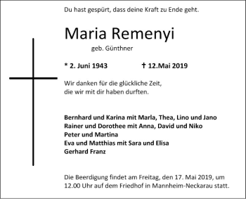 Traueranzeige von Maria Remenyi von Mannheimer Morgen