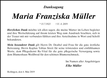 Traueranzeige von Maria Franziska Müller von Schwetzinger Zeitung