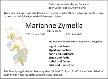 Traueranzeige von Marianne Zymella von Mannheimer Morgen