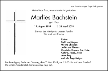 Traueranzeige von Marlies Bachstein von Mannheimer Morgen