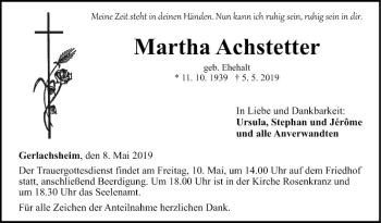 Traueranzeige von Martha Achstetter von Fränkische Nachrichten